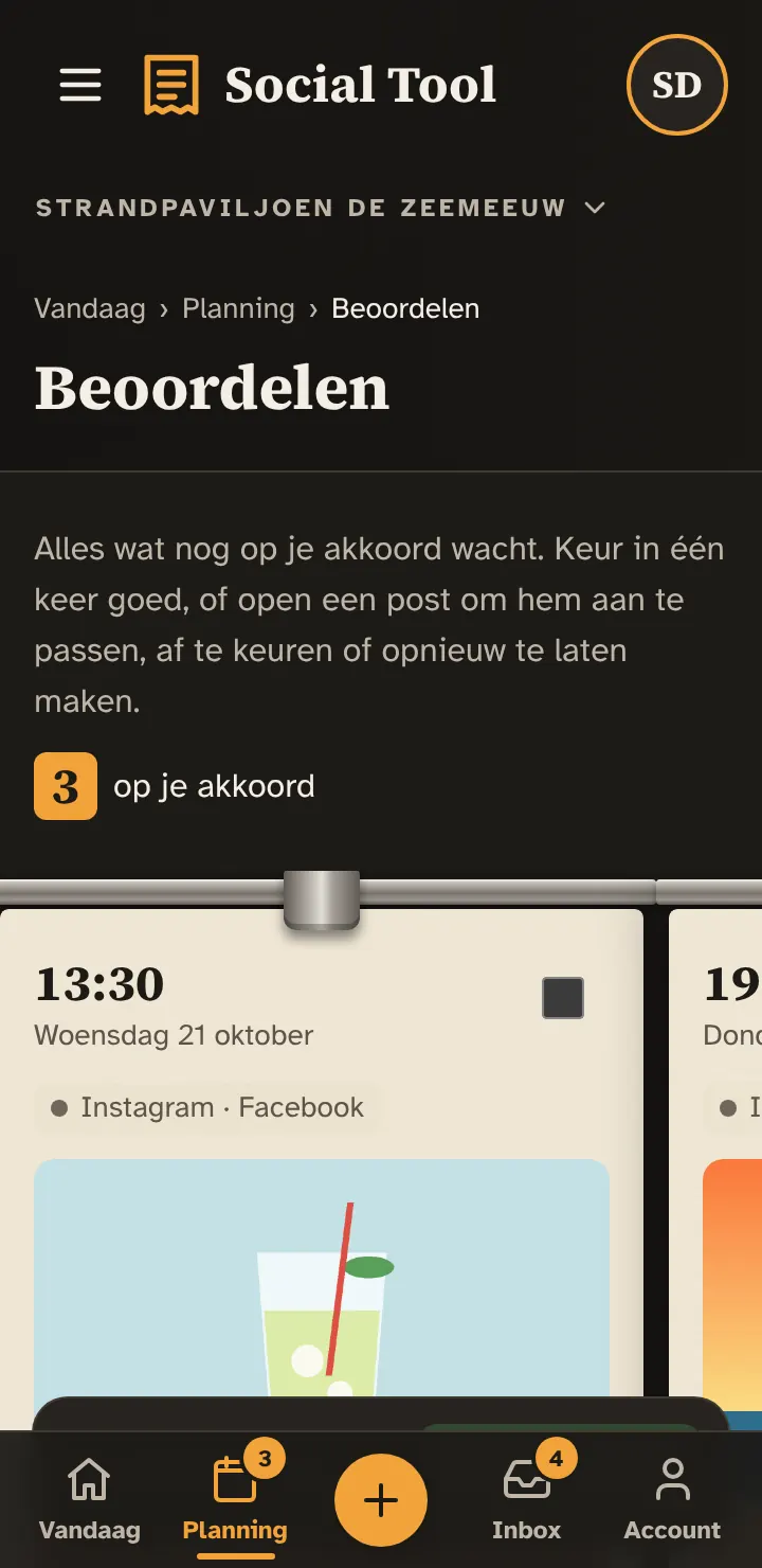 Scherm Beoordelen met geplande posts voor Instagram en Facebook